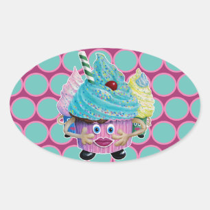 Sticker Ovale Cute Fantasy Creatur Cupcakes Illustrated