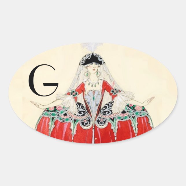 STICKER OVALE DAME EN ROUGE, BEAUTÉ, MODE COSTUME CONCEPTION MON (Devant)