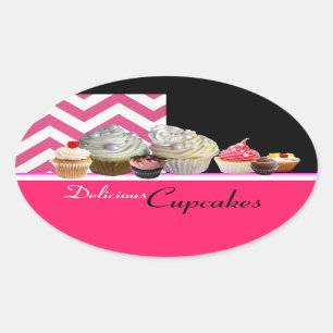 STICKER OVALE DÉLICIEUX COUPES D'ANNIVERSAIRE ROSE CHEVRON BLANC