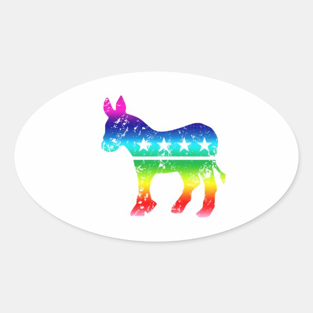 Sticker Ovale Démocrate Original Donkey Distressed Rainbow (Devant)