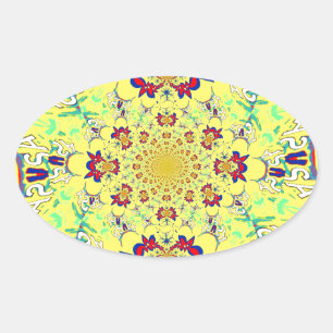 Sticker Ovale Design en damas floral brillant et coloré