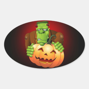 Sticker Ovale Dessin de Frankenstein Monster avec Citrouille