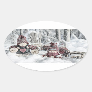 Sticker Ovale Dessin vintage de Gnomes dans la neige