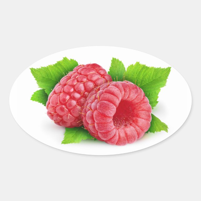 Sticker Ovale Deux framboises avec des feuilles (Devant)