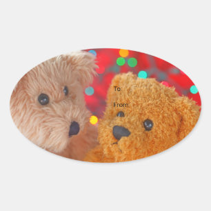 Sticker Ovale Deux nounours avec lumières de Noël