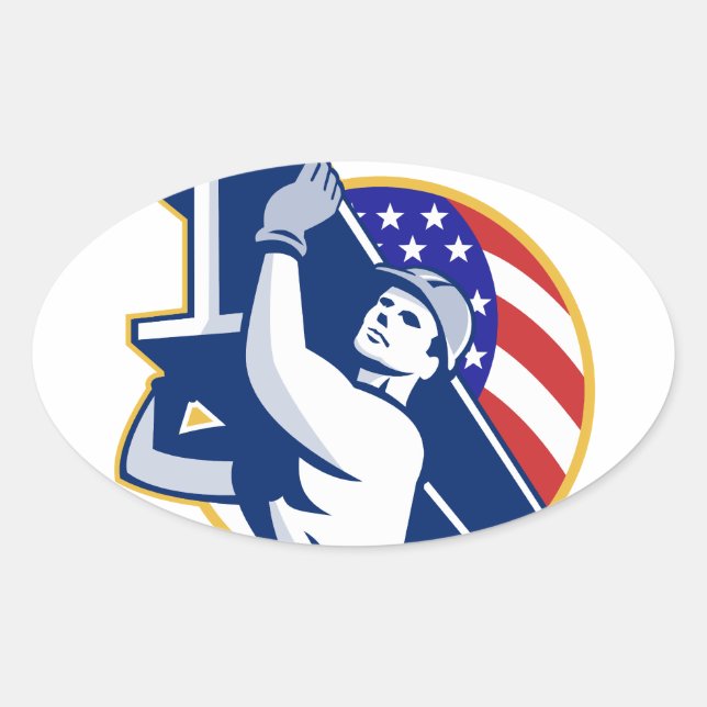 Sticker Ovale Drapeau américain de la poutre en acier de constru (Devant)
