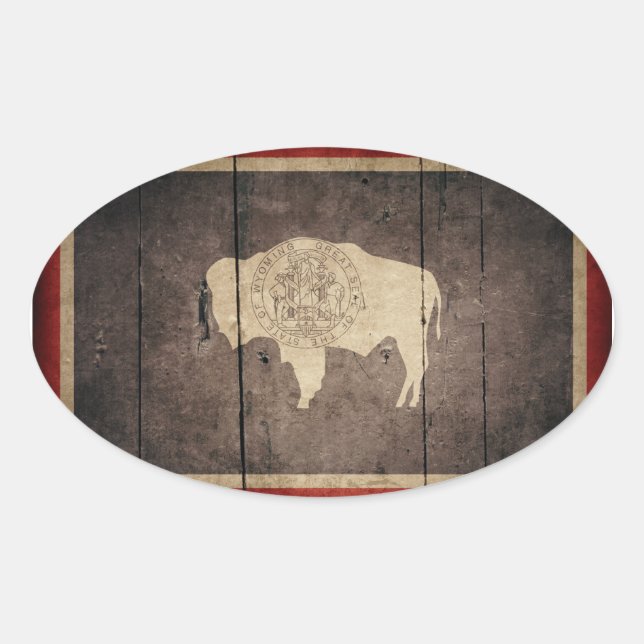 Sticker Ovale Drapeau robuste de Wyoming en bois (Devant)