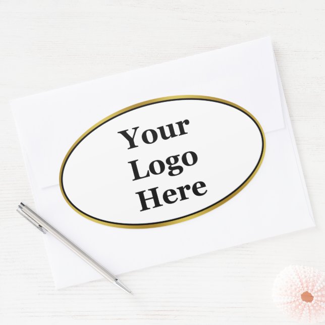 Sticker Ovale Elégant Black White Gold Votre logo ici Modèle (Enveloppe)