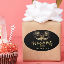 Sticker Ovale Elégant Chic Black Gold Masquerade fête d'annivers