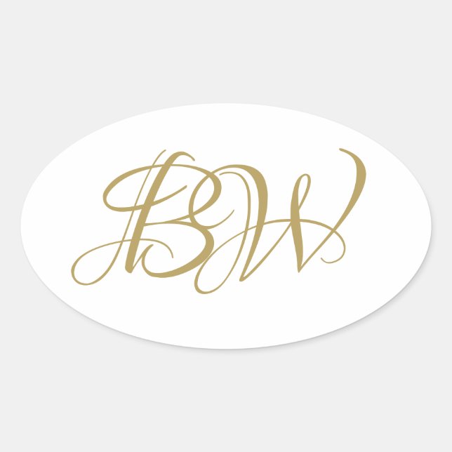 Sticker Ovale Élégant Couples Blanc Or Monogramme Noms Initiales (Devant)