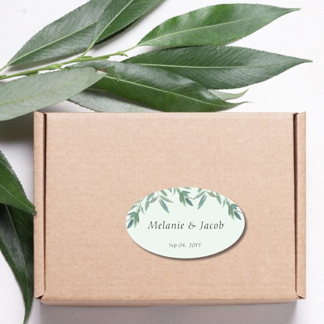 Sticker Ovale Élégant Mariage de feuillage vert (Créateur téléchargé)