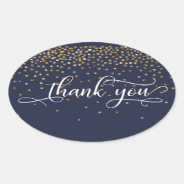 Sticker Ovale Elégant Merci, Gold Confetti sur Midnight Blue