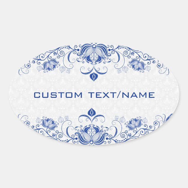 Sticker Ovale Elégant Royal Bleu Et Blanc Damas & Fils (Devant)