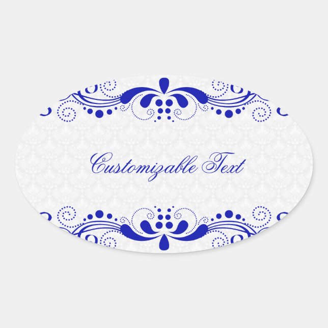 Sticker Ovale Elégant Royal Blue Floral Lave & White Damask (Devant)