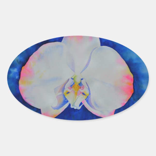 Sticker Ovale Elégante fleur florale d'orchidée rose-bleu (Devant)