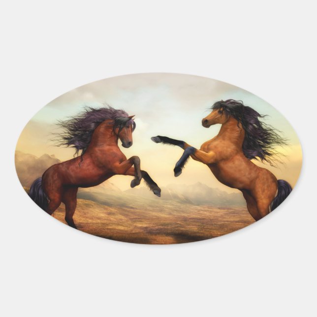 Sticker Ovale Élevage de chevaux sauvages (Devant)