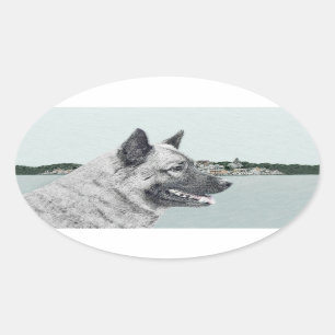 Sticker Ovale Elkhound norvégien à la peinture de village - Ch