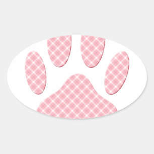 Sticker Ovale Empreinte de patte Tartan Rose Et Blanc