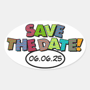 Sticker Ovale ENREGISTRER LA DATE Amusant Rétro Bande Dessinée P