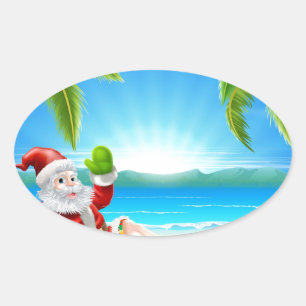Sticker Ovale Été Noël Père Noël Beach Scène
