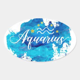 Sticker Ovale Étoiles bleues d'or d'aquarelle de Verseau de
