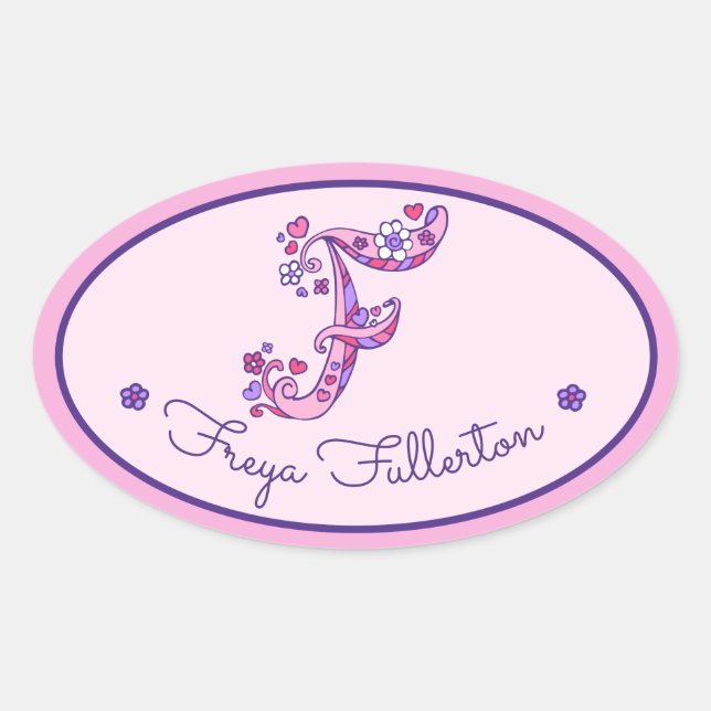 Sticker Ovale F lettre monogramme personnalisé filles nom rose a (Devant)