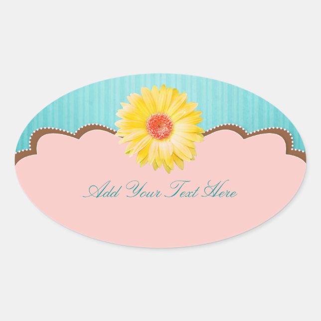 Sticker Ovale Faisée jaune sur rose et Turquoise personnalisable (Devant)