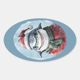 Sticker Ovale Favoris de Noël animal amusant - Requin 1