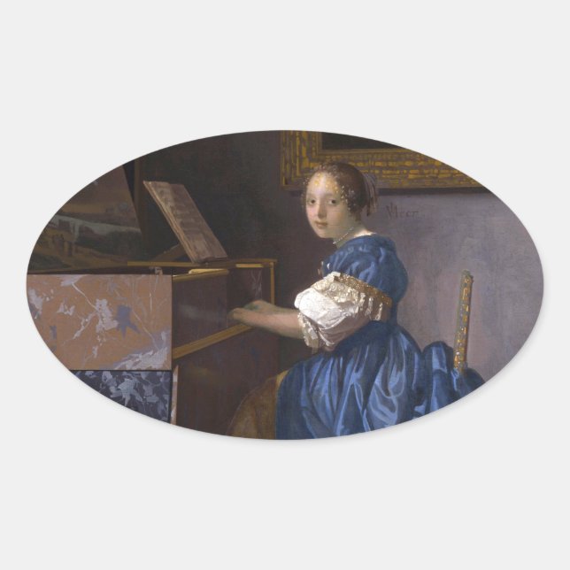 Sticker Ovale Femme assise à une virginale par Vermeer (Devant)
