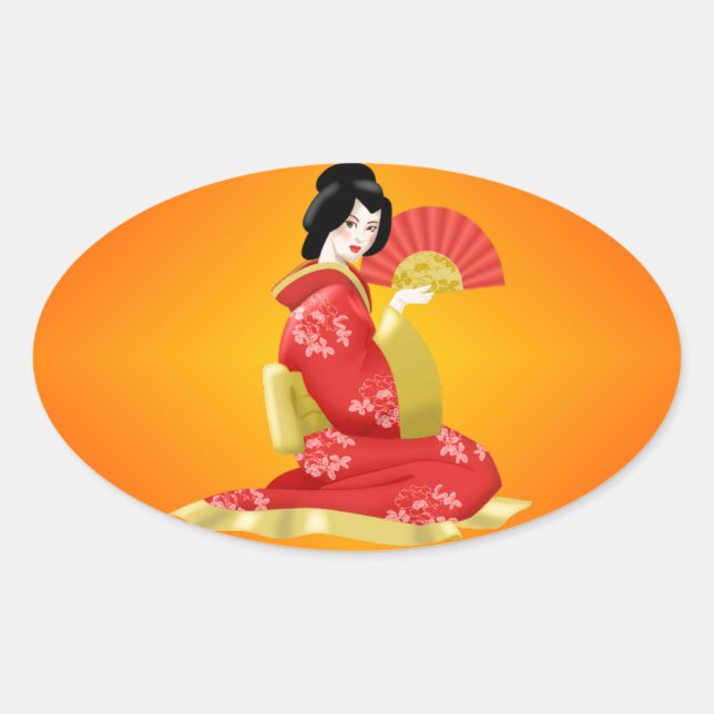 Sticker Ovale Femme japonaise magnifique en robe rouge (Devant)