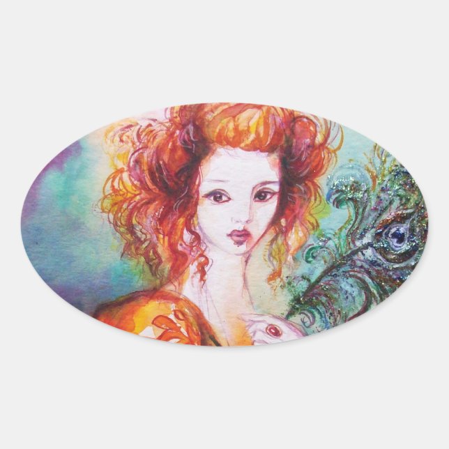 STICKER OVALE FEMME ROMANTIQUE AVEC PÂTE DE PEACOCK ÉCLANTE (Devant)