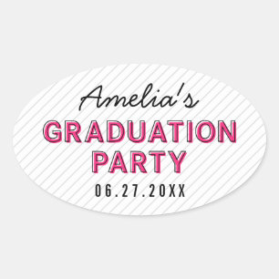 Sticker Ovale Fête de graduation rose moderne Stripes