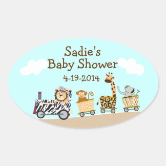 Sticker Ovale Feuille d'autocollants du Baby shower du train ani