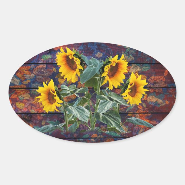 Sticker Ovale Feuilles d'automne rustiques et tournesols (Devant)