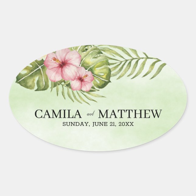 Sticker Ovale Feuilles Et Fleurs Exotiques (Devant)