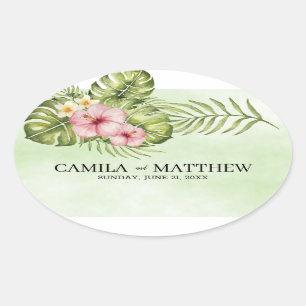 Sticker Ovale Feuilles Et Fleurs Exotiques