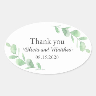 Sticker Ovale Feuilles eucalyptus. Merci mariage des bois