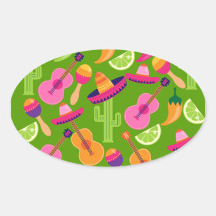 Sticker Ovale Fiesta Party Sombrero Cactus Lims Peppers Maracas