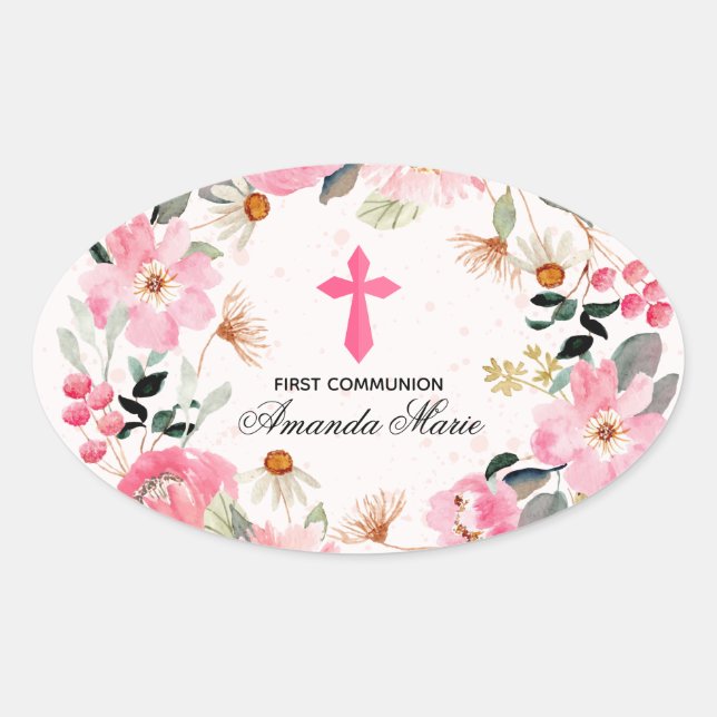 Sticker Ovale Fille première communion aquarelle rose floral (Devant)