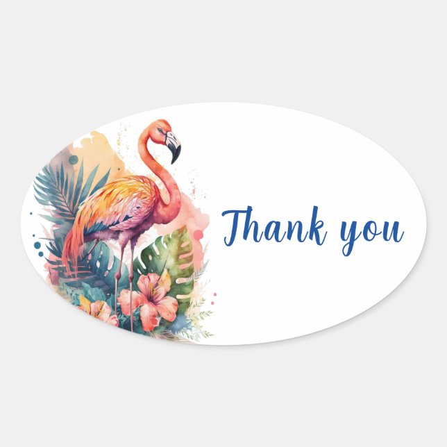 Sticker Ovale Flamant rose Merci (Devant)