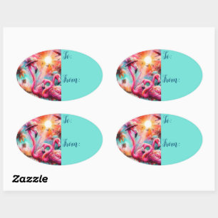 Sticker Ovale Flamants roses roses tropicaux Palmiers coucher de