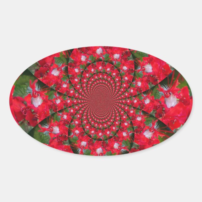 Sticker Ovale Fleur Rouge Naturelle Blanc Plumes Kaleidoscope Ar (Devant)