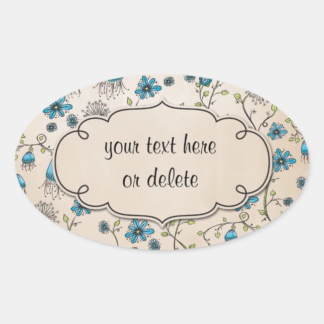 Sticker Ovale fleurs bleues blanches sur beige (Devant)