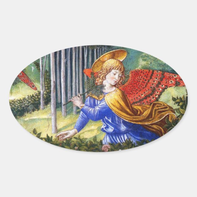 Sticker Ovale Fleurs de rassemblement d'anges dans un paysage cé (Devant)
