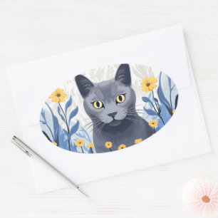 Sticker Ovale Fleurs Jaunes Chat Bleu Russe
