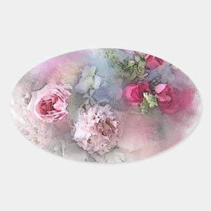 Sticker Ovale Fleurs roses rouges personnalisées Art aquarelle v