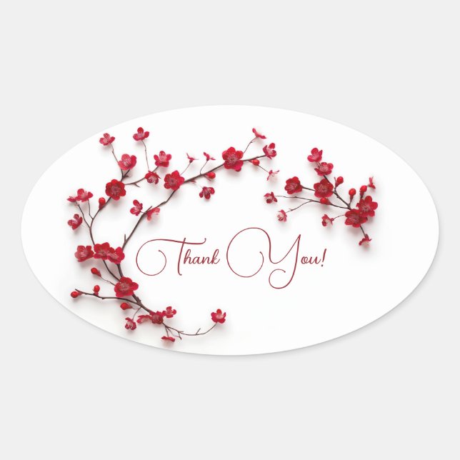 Sticker Ovale Fleurs rouges de cerisiers 3D Merci blanc (Devant)