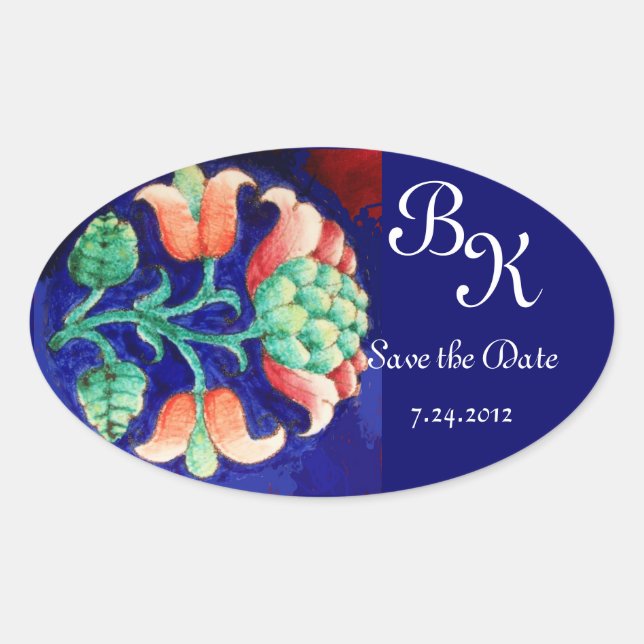 STICKER OVALE FLEURS STYLISÉES, MONOGRAMME FLORAL BLEU VERT ROSE (Devant)