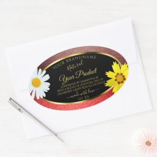 Sticker Ovale Floral Bourgogne rouge Parties scintillant noir Ét