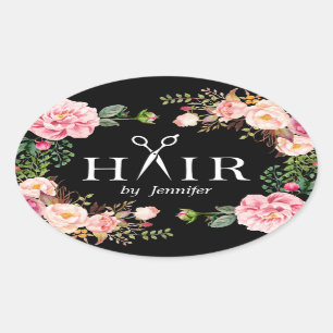 Sticker Ovale Floral élégant de logo de ciseaux de coupe de